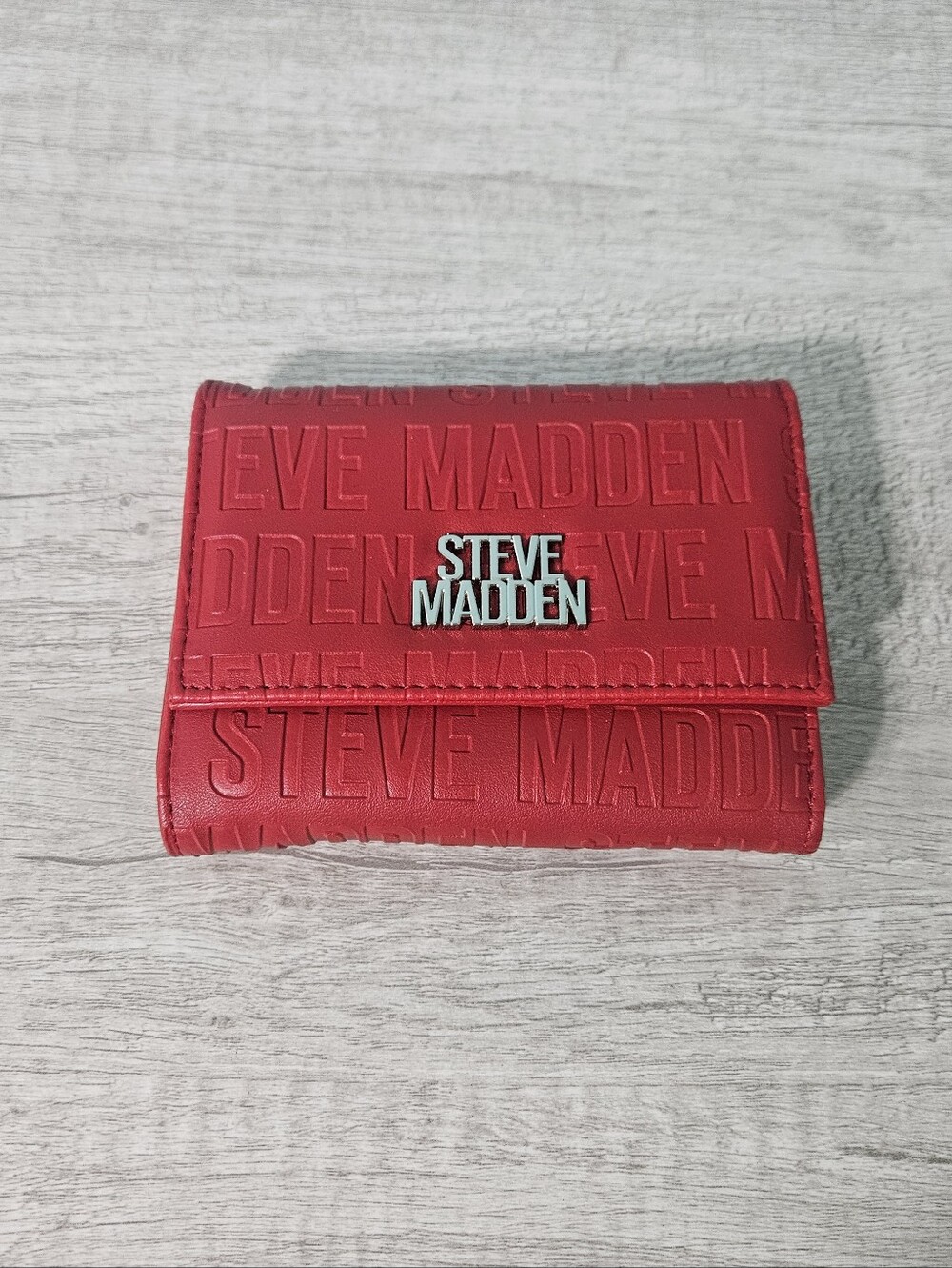 Steve Madden Red Embossed All-Over Logo Compact Trifold Wallet Coin Pocket